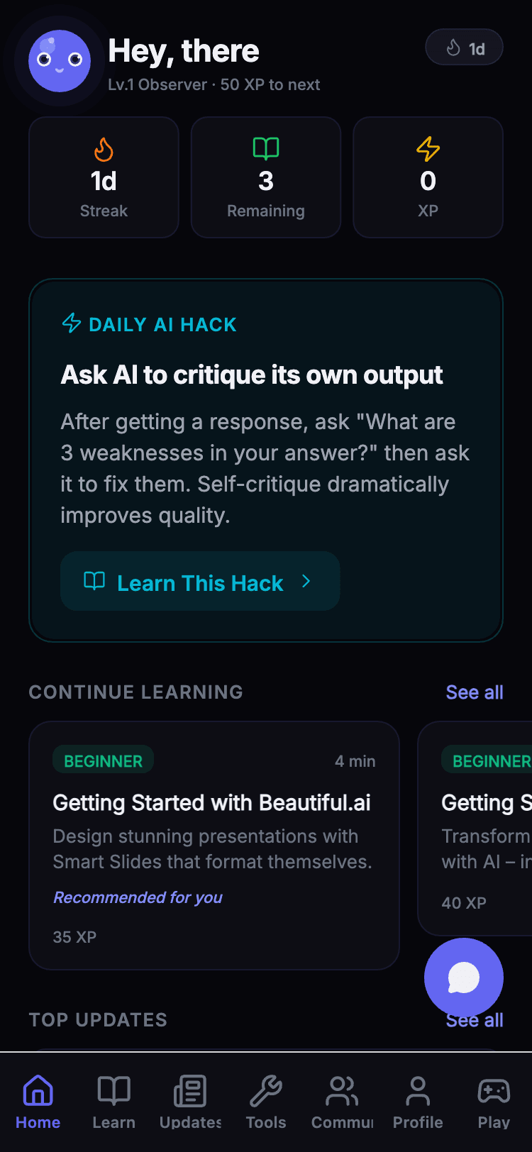 TheWiseAI Home — streaks, daily AI hacks, and bite-sized lessons