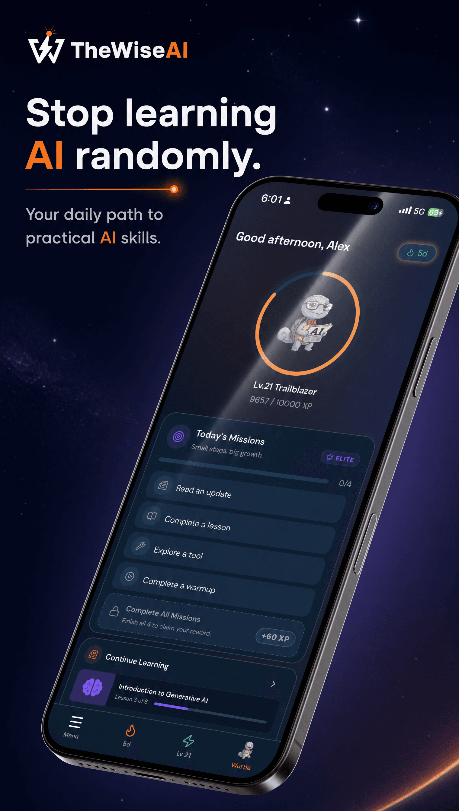 WiseAI Home — your daily path to practical AI skills, with streaks, XP, and today's missions