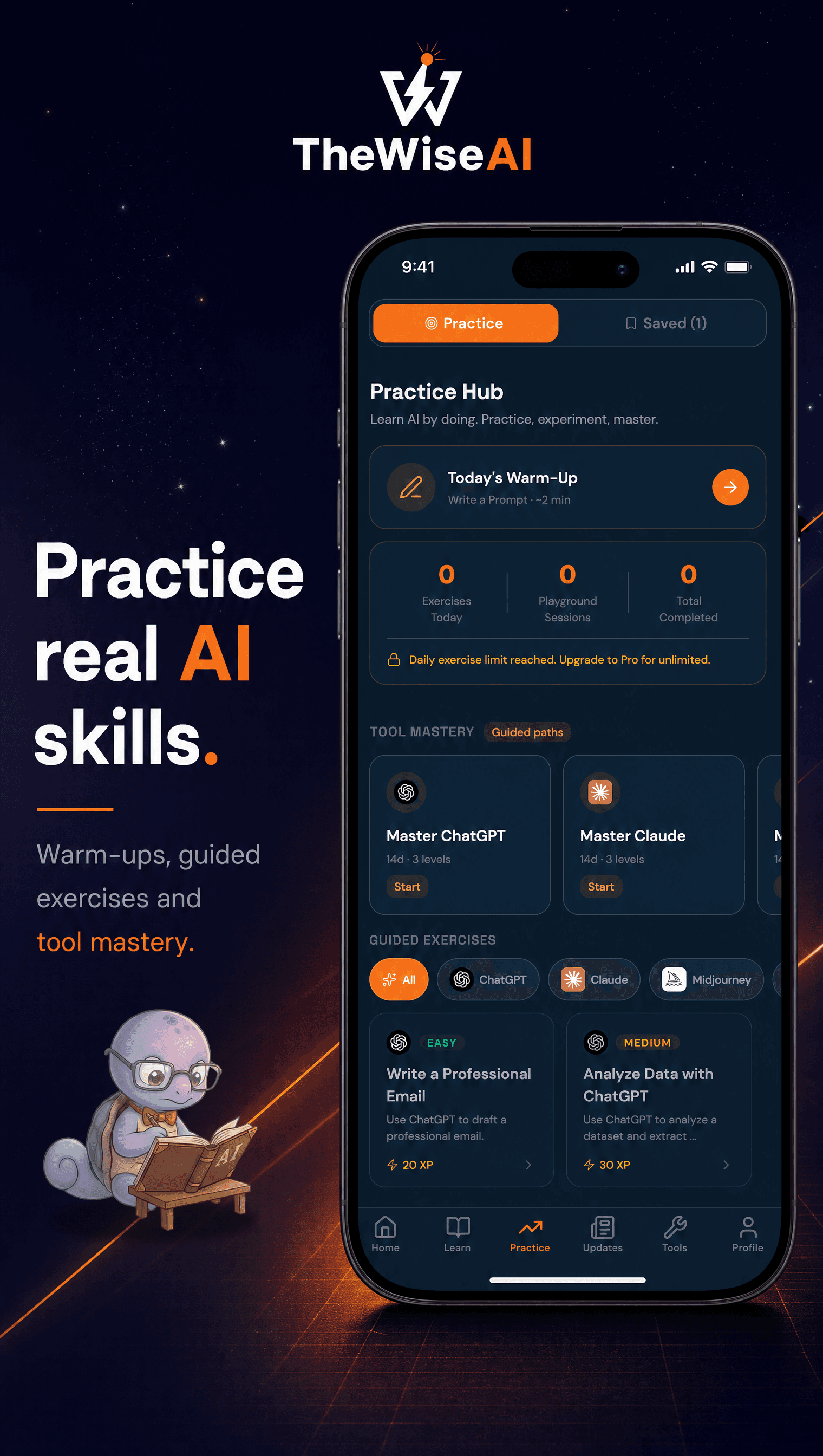 WiseAI Practice Hub — warm-ups, guided exercises, and tool mastery paths for ChatGPT, Claude, and more