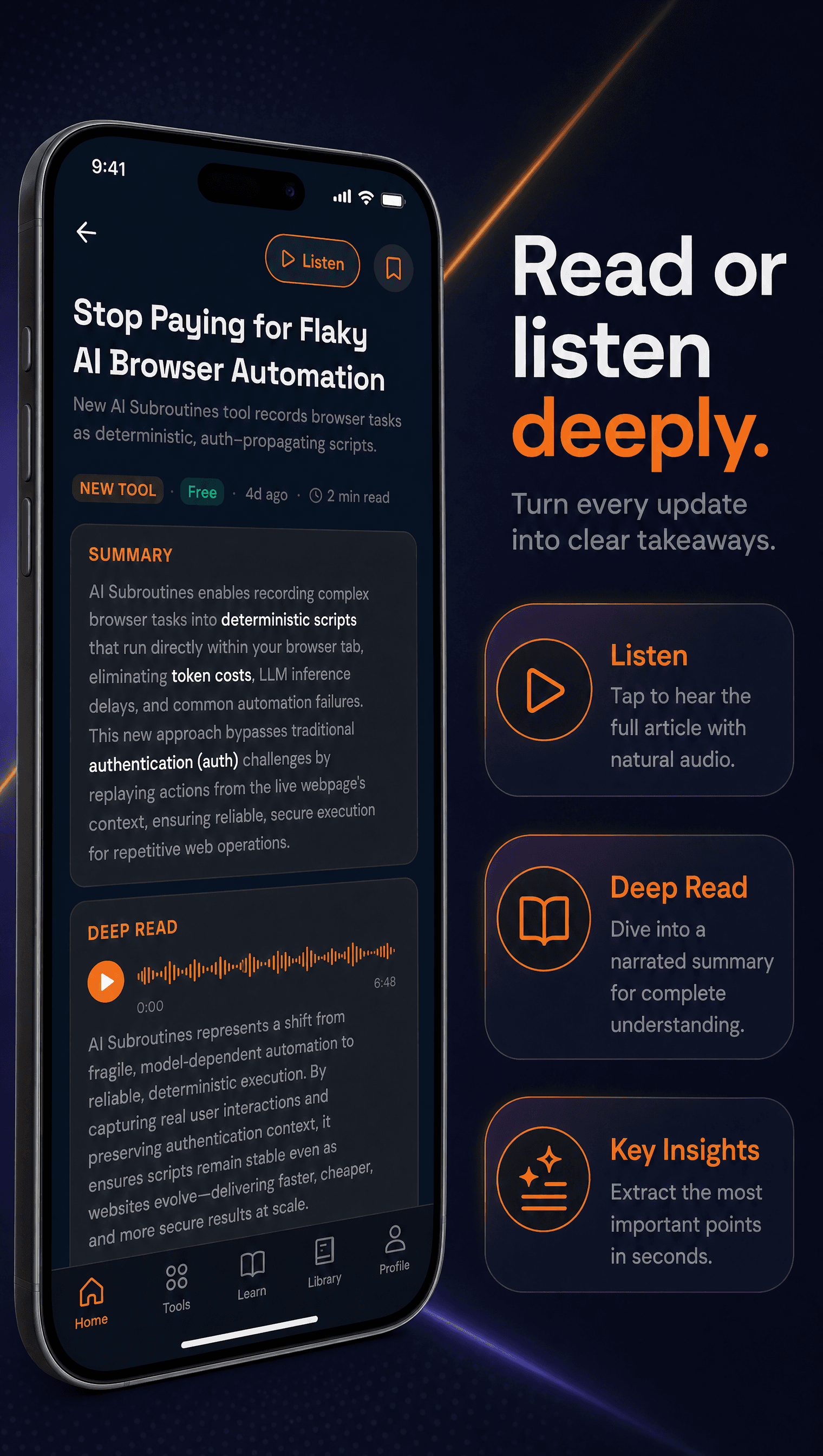 WiseAI article view — read or listen deeply, with narrated summaries and key insights